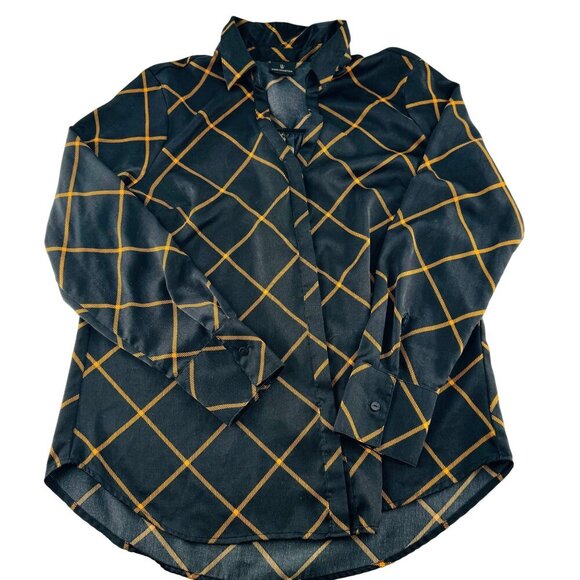 Worthington Womens Plaid Long Sleeve Blouse Black/Gold L - Picture 1 of 6